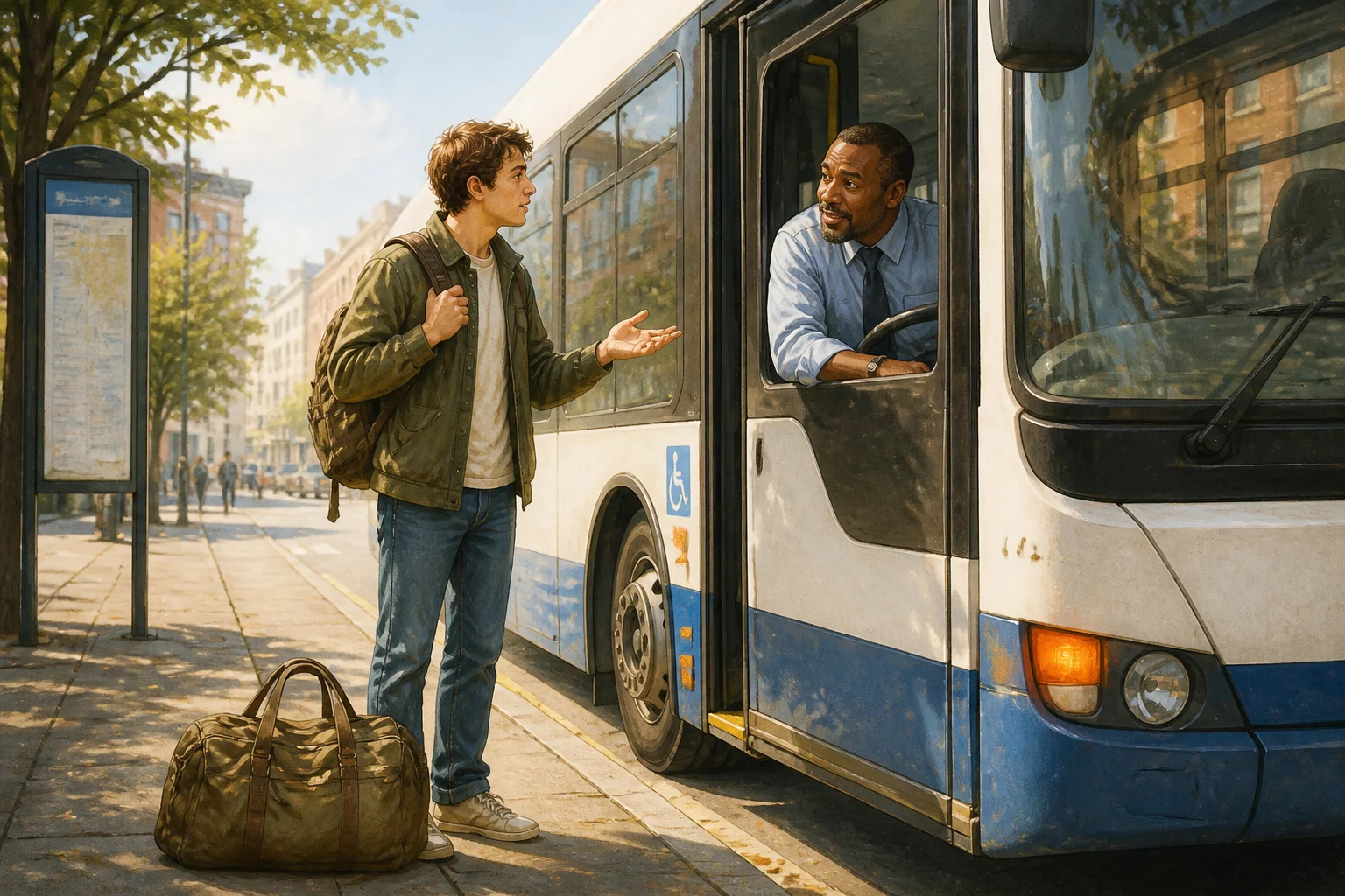 Sam stands beside a city bus with a large travel bag and asks the driver for directions.