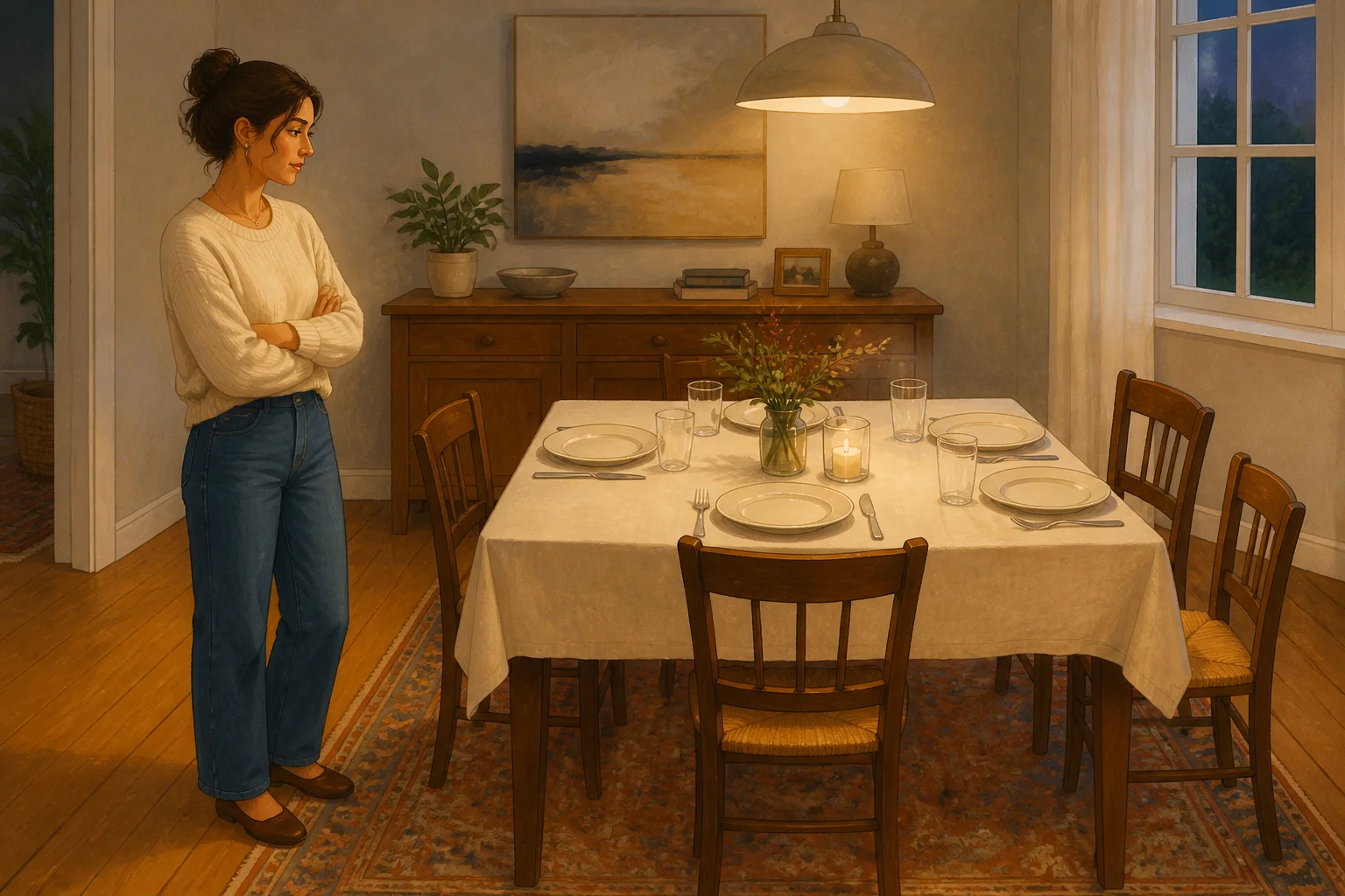 Marta stands beside a dinner table set for five people but with only four chairs.