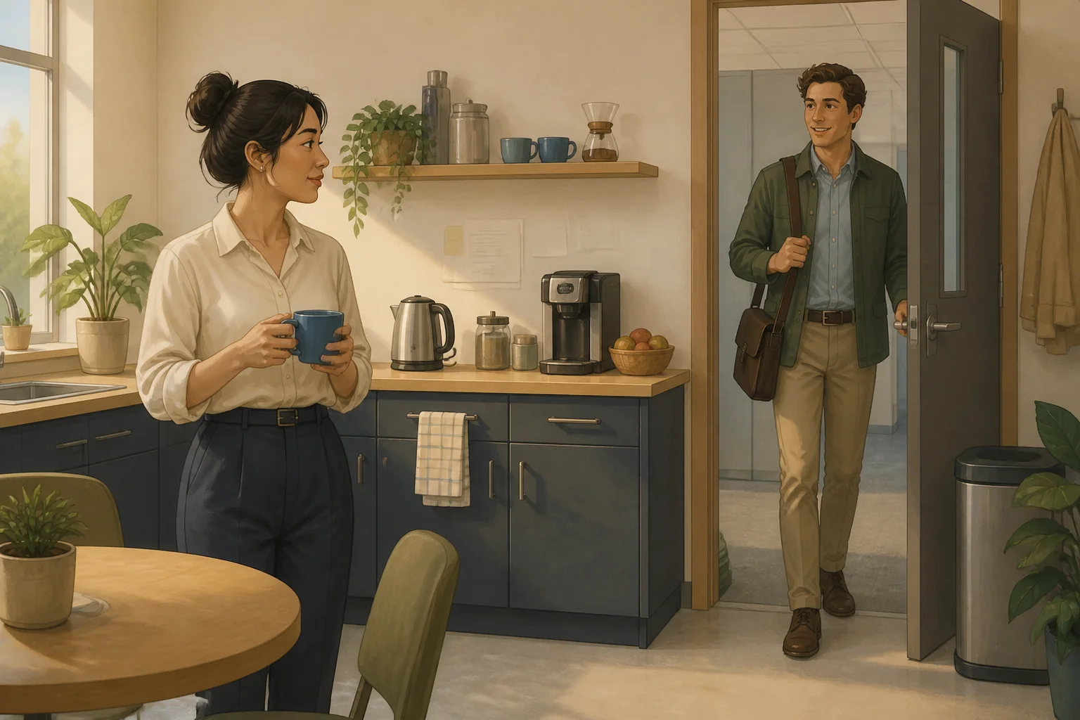Mina holds a blue tea cup in the small office kitchen as her colleague Ben arrives.