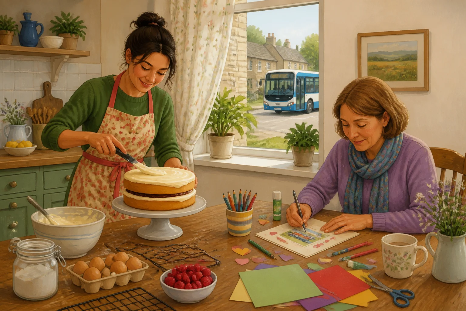 Lily prepares a homemade cake while a neighbour makes a card to thank their village bus driver.