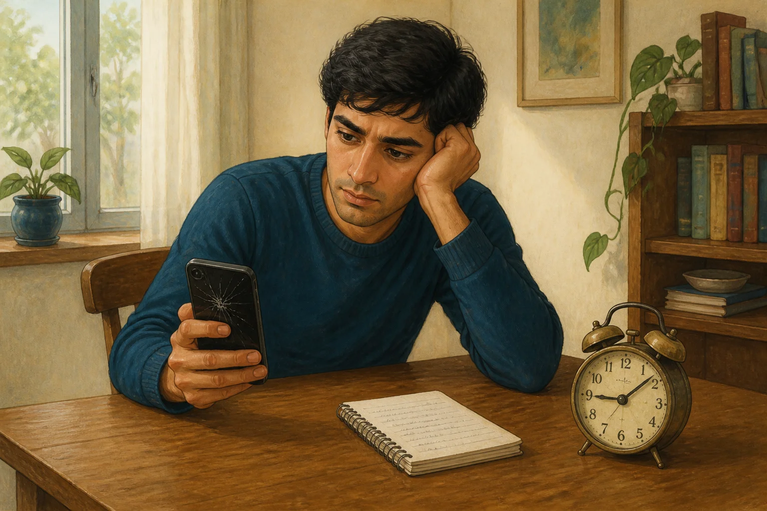 Amir sits at a table with a broken phone, a little paper notebook and a borrowed old alarm clock.