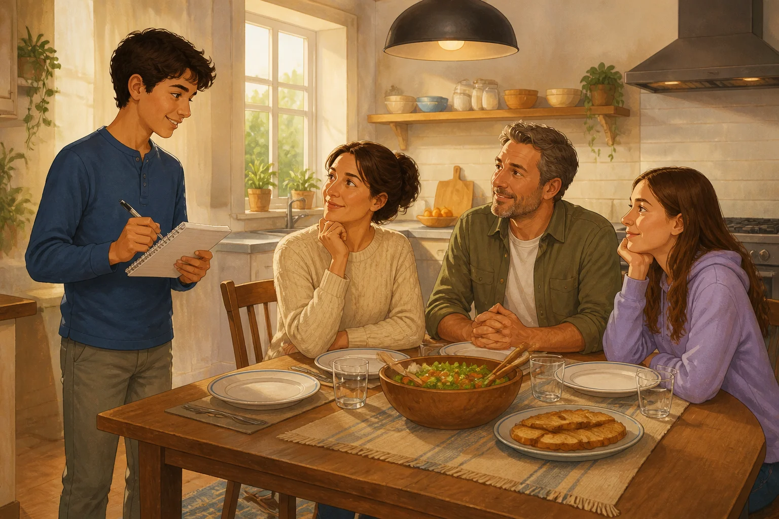 Noah practises taking dinner orders with a notebook while his family sits around their kitchen table.