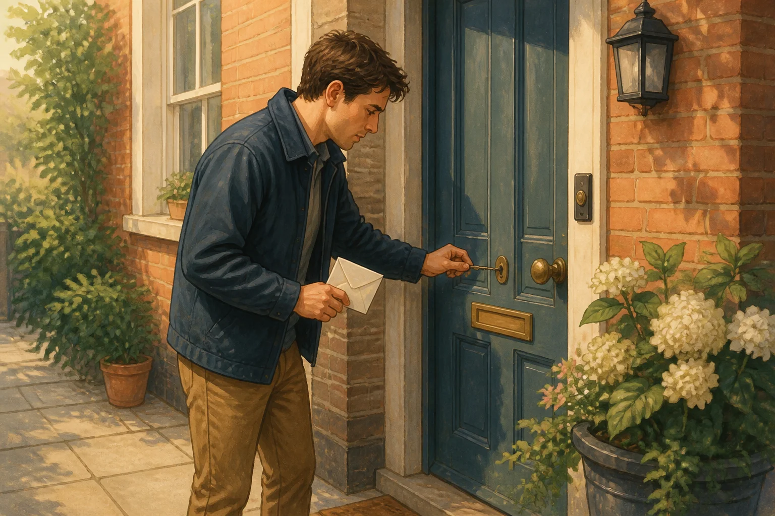 Tom holds an envelope while trying a small key in his neighbour's locked front door.