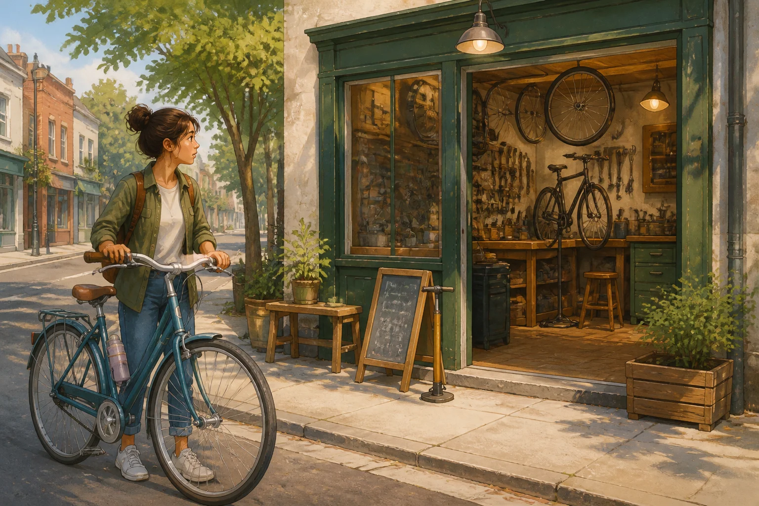 Bea pauses beside her bicycle on a new route through town and notices a small bicycle repair shop.