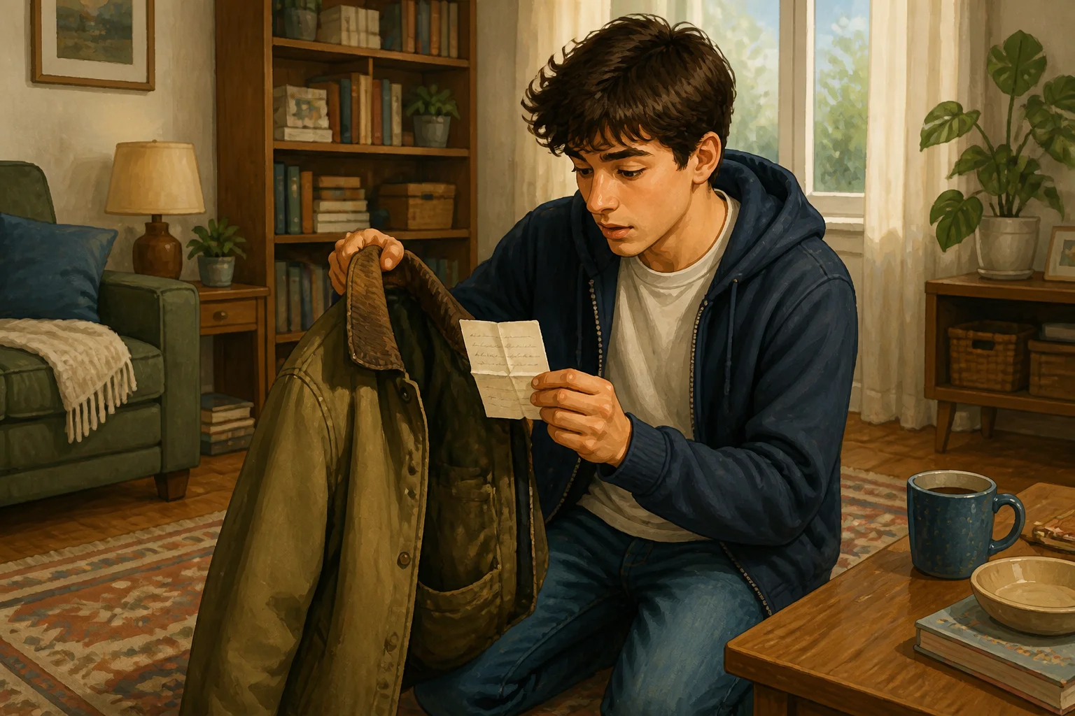 Max discovers a folded handwritten note in the pocket of a second-hand jacket at home.