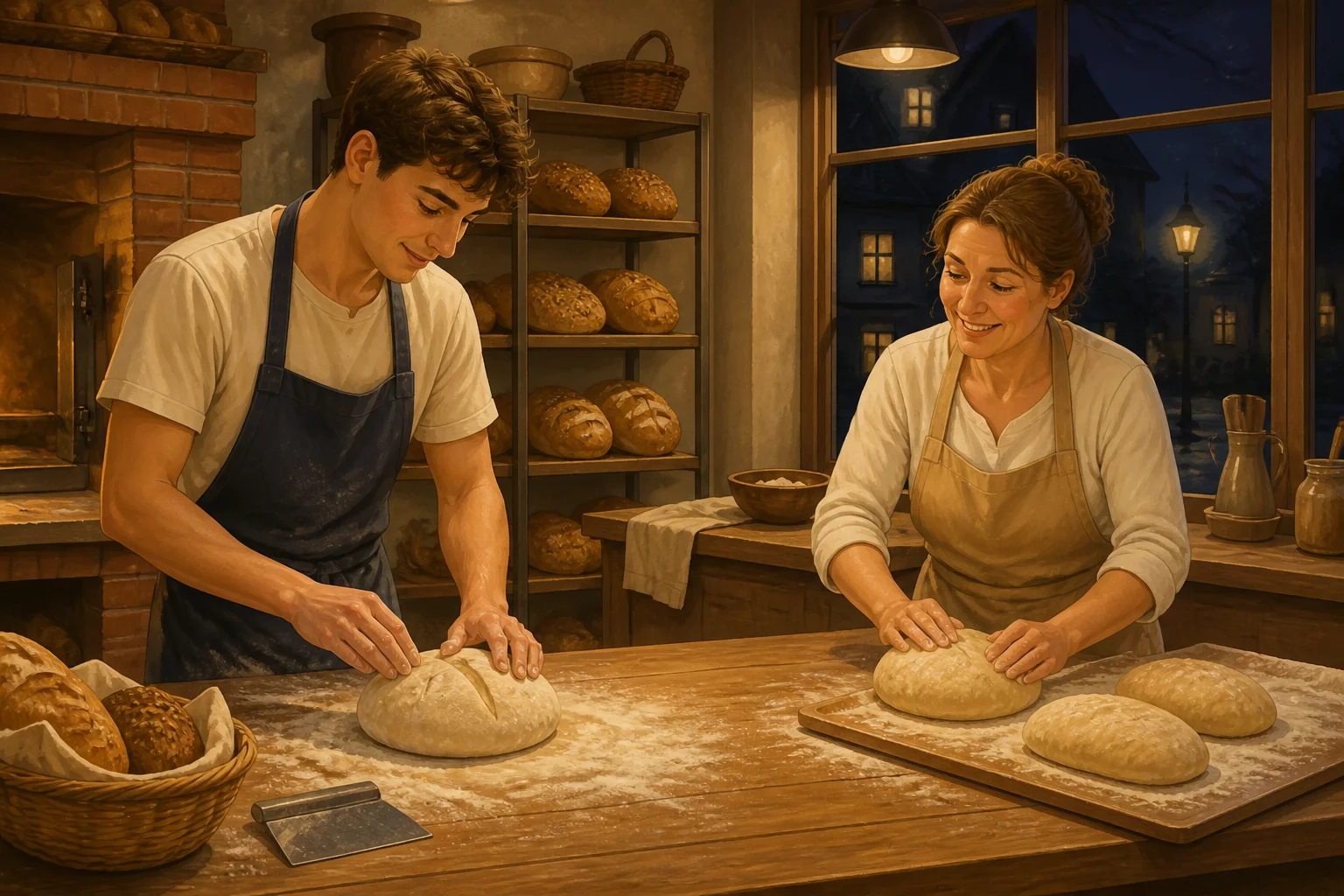Rob, a young man, and the bakery owner, a woman, prepare bread in a warmly lit bakery while it is dark outside.