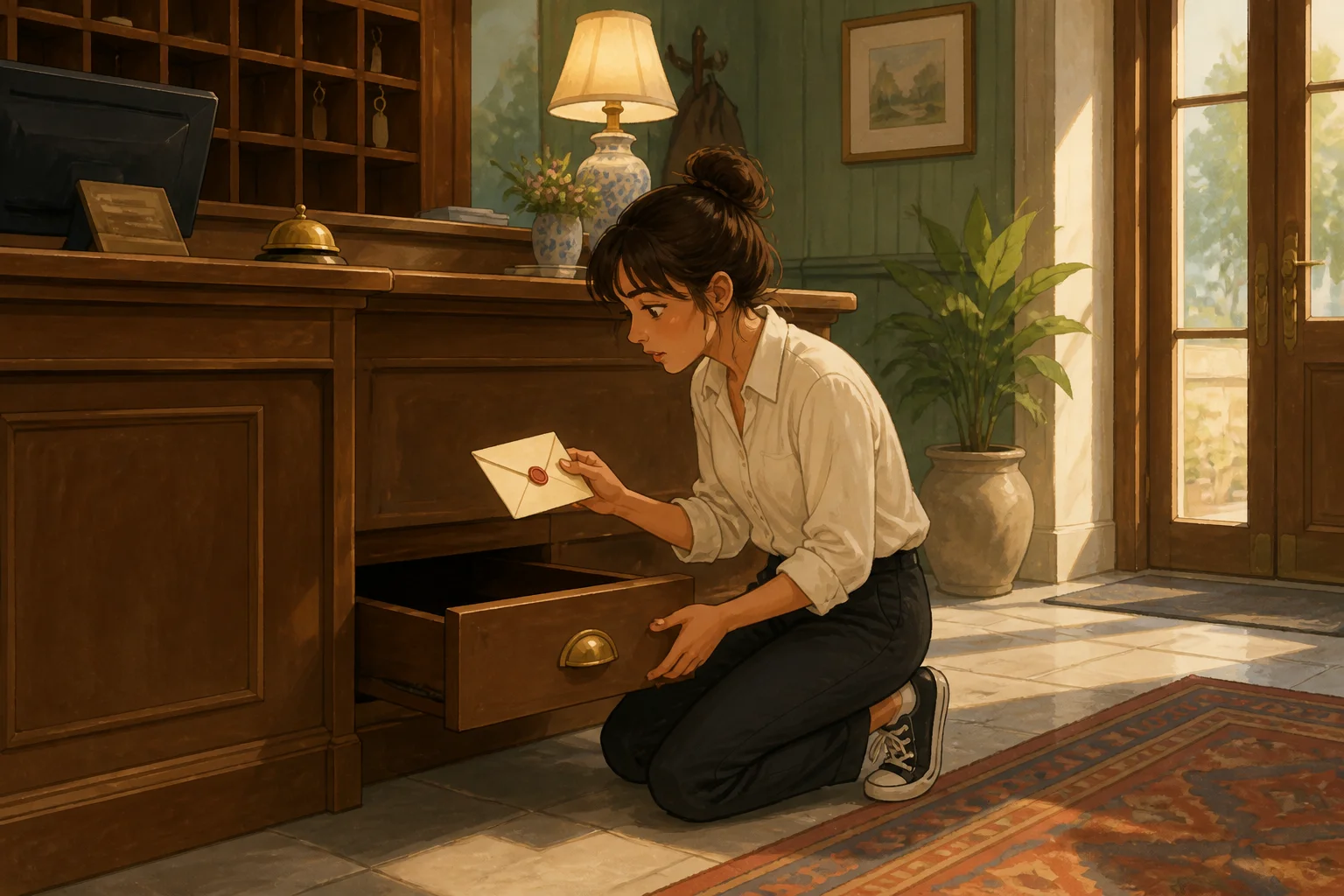 Mari discovers a sealed envelope in the bottom drawer of her desk at a small hotel reception.