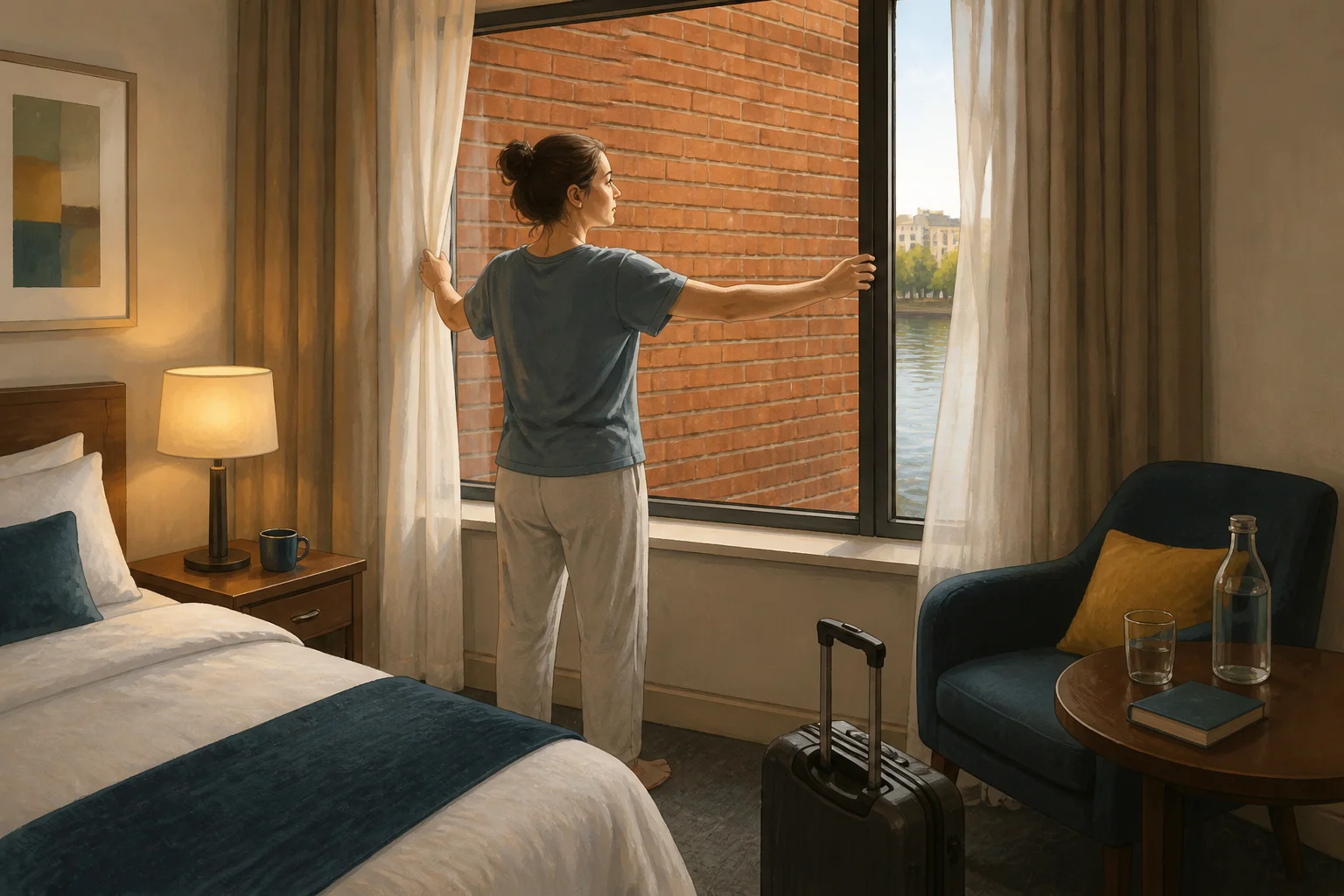 Sian opens her hotel curtains and finds a brick wall close outside, with only a tiny glimpse of the river at one side.
