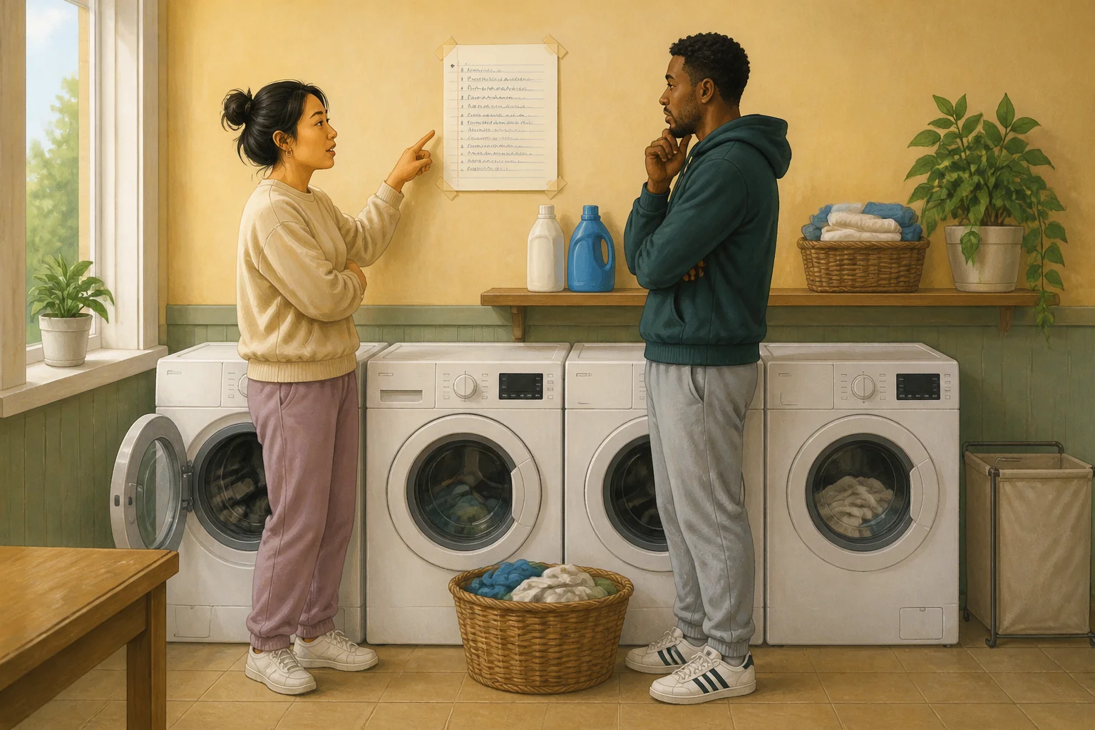 Neighbours discuss a handwritten notice above the washing machines in a shared laundry room.