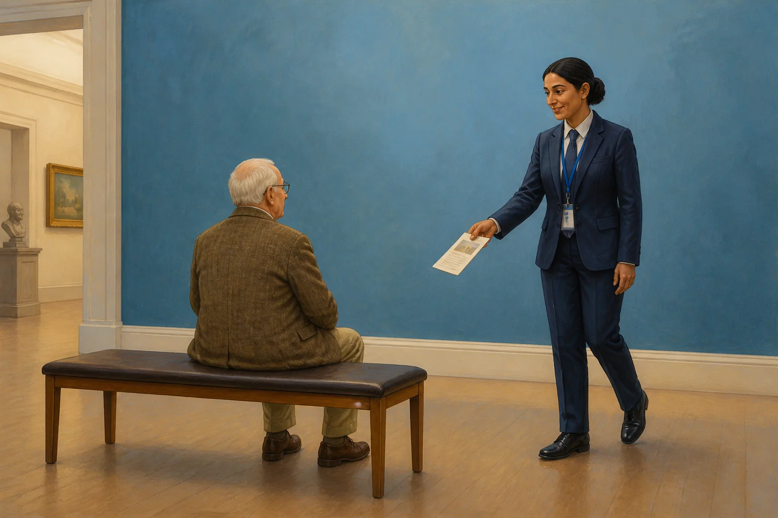 An elderly visitor sits on a museum bench facing a plain blue wall while a guard named Nadia approaches with a leaflet.