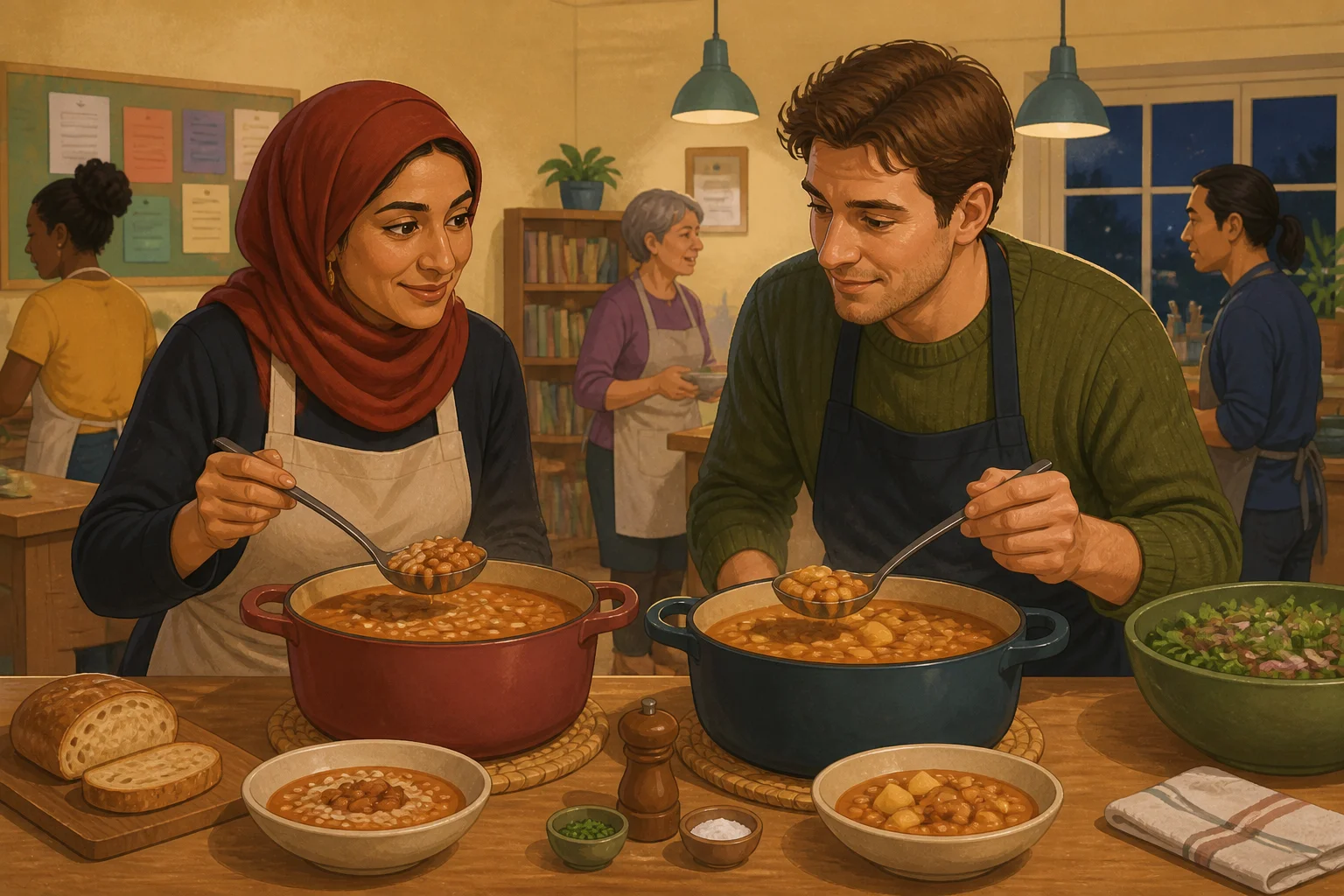 Farah and Pavel compare two pots of bean soup, one with rice and one with potatoes, at a community cooking evening.