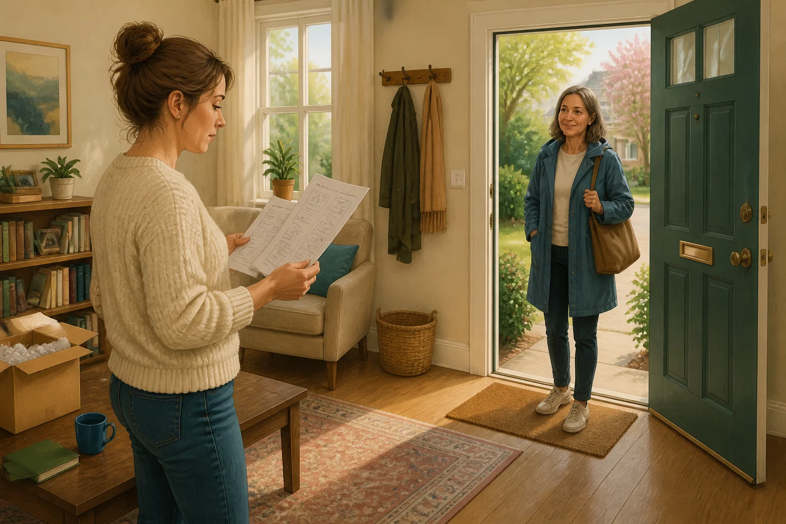 Ruth stands in a quiet house holding several pages of instructions as a neighbour waits at the open front door.