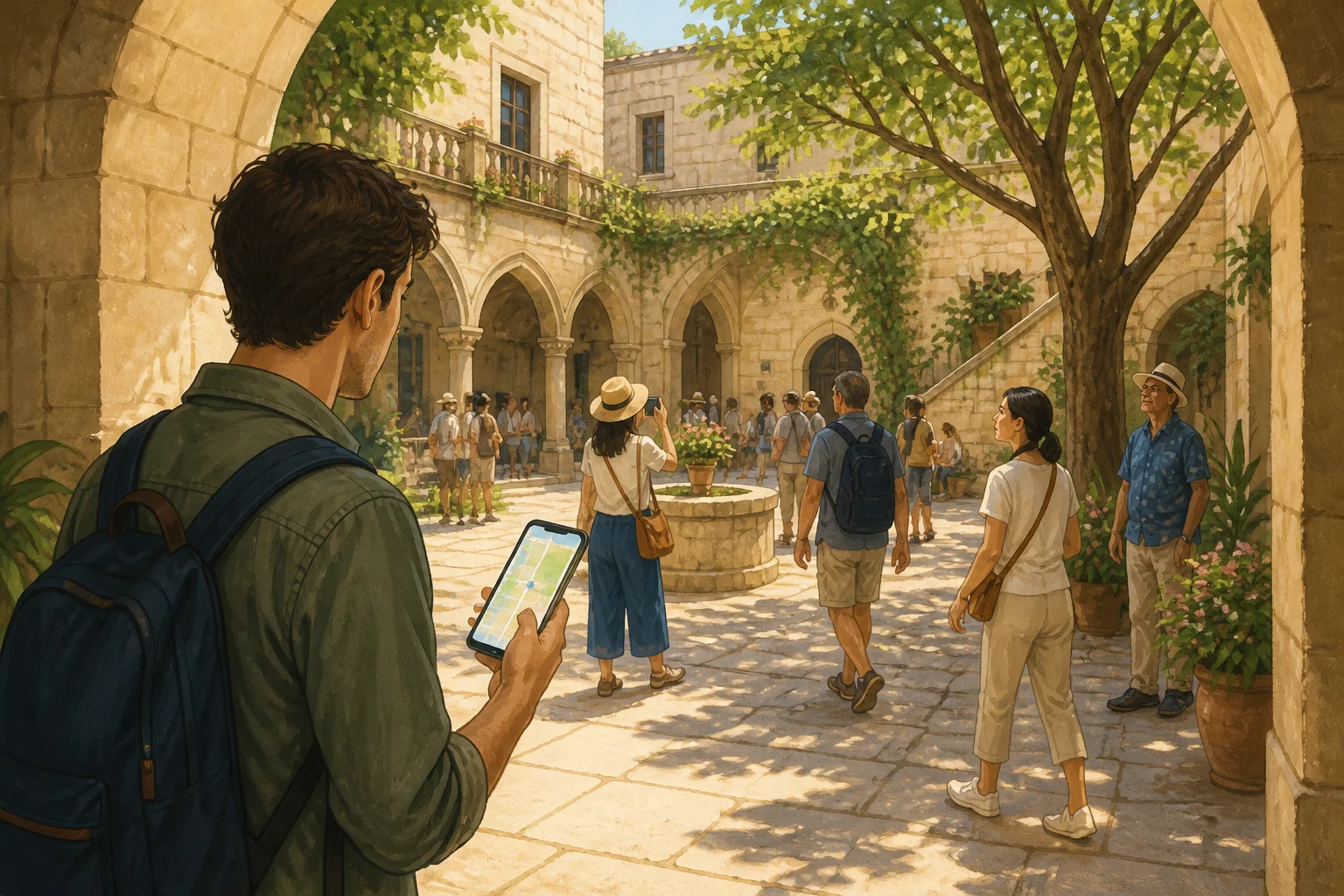Ethan holds his phone with a simple city map as he enters a once-quiet courtyard now busy with visitors.