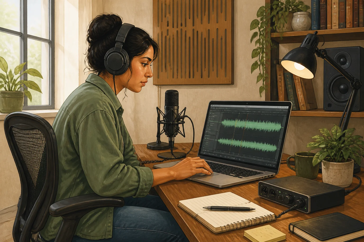 Maya edits an audio interview at a studio desk with headphones and a laptop showing a simple audio waveform.