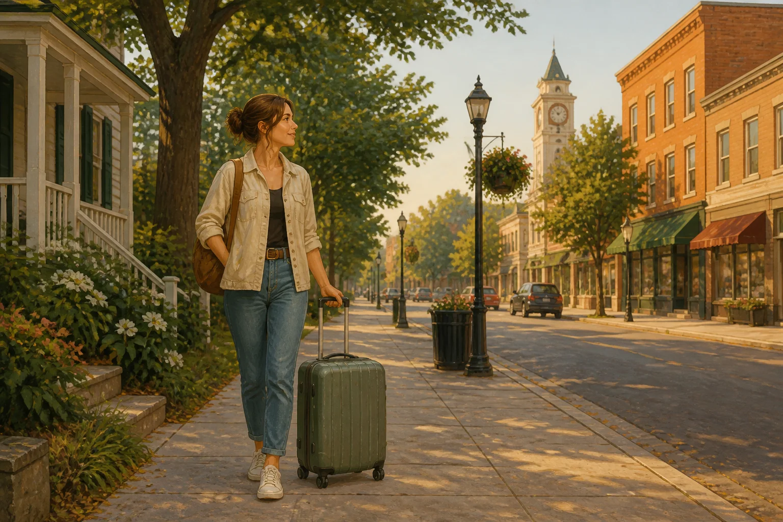 Tessa arrives with her suitcase on a familiar street in her home town after years away.