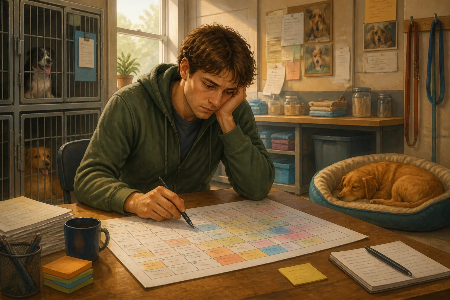 Alex looks tired as he studies a crowded shift calendar at an animal shelter, with a resting dog nearby.
