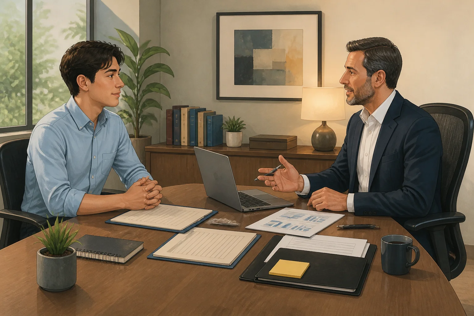 Adrian sits opposite his manager at an office review meeting with carefully organised documents and a laptop between them.