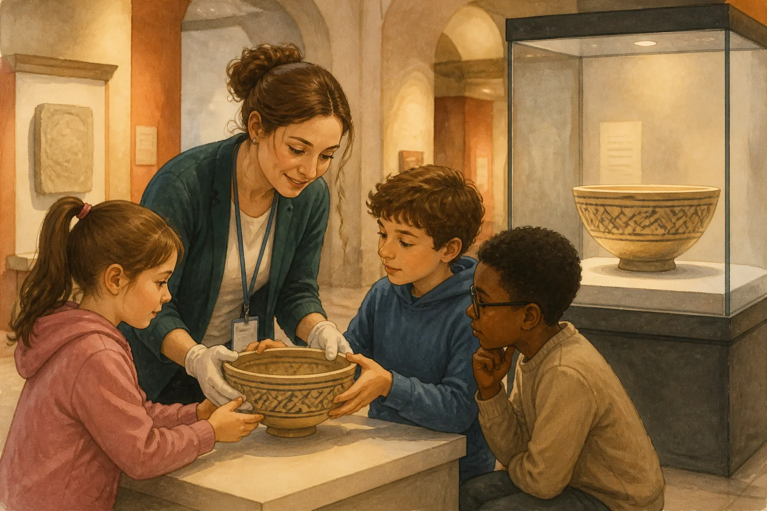 Miriam helps children handle a replica ceramic bowl in a museum while the original bowl remains in a glass display case.
