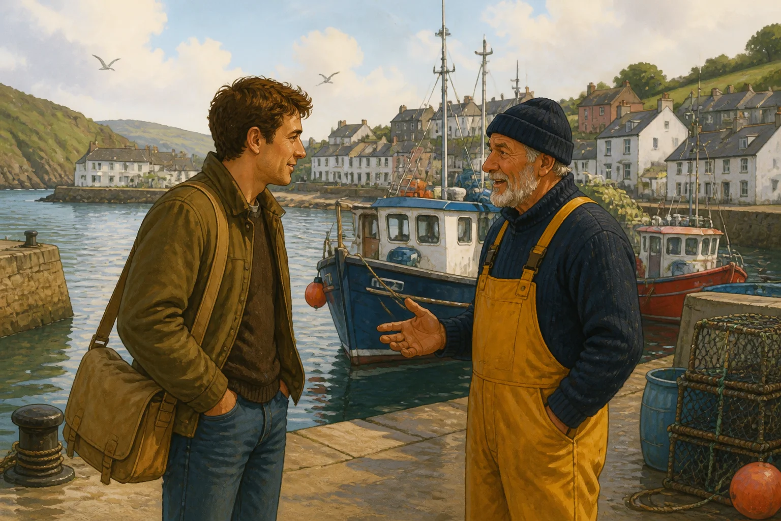 A returning writer talks with a former neighbour beside moored fishing boats in a coastal village harbour.