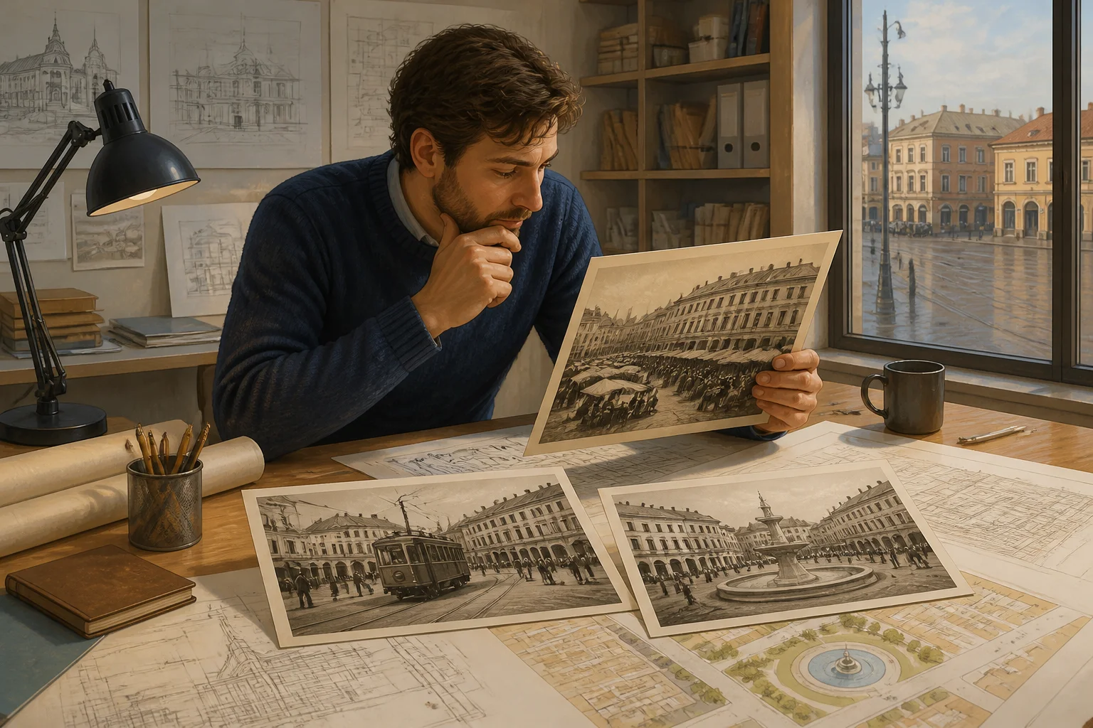 An architect studies old photographs and plans of the same town square showing a market, tram tracks and a later fountain.