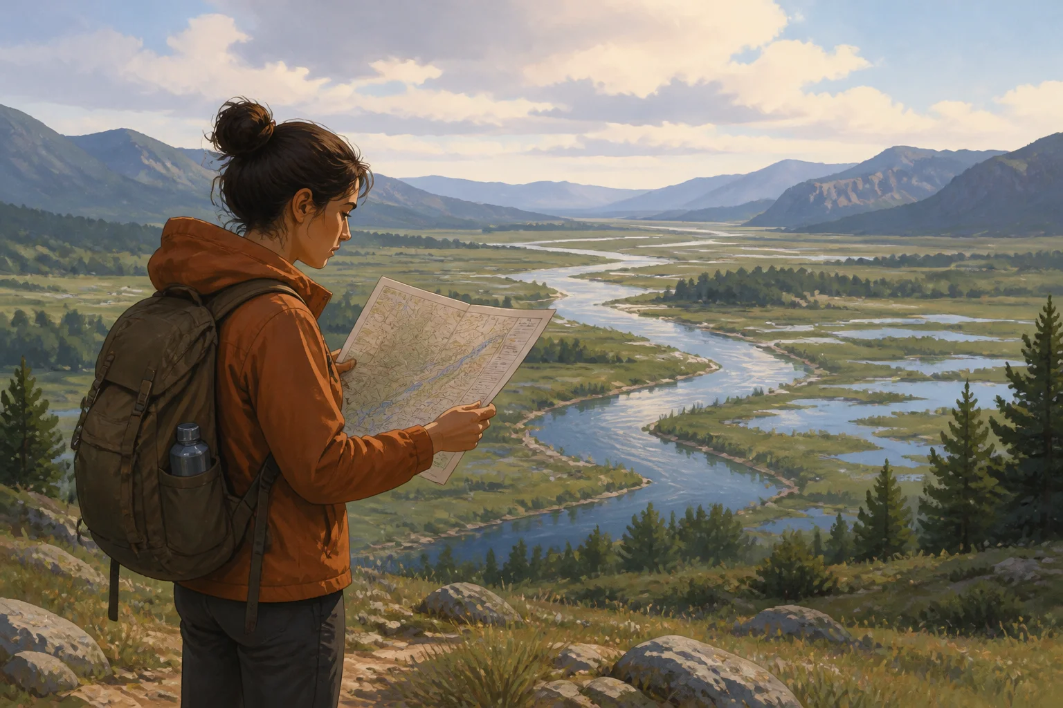 Selene compares a precise paper map with a winding river and waterlogged marsh in the valley before her.