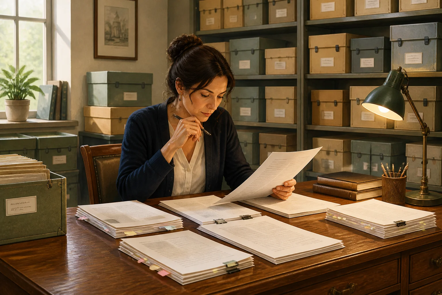 An editor studies several revised reports at an archive desk surrounded by neatly stacked document boxes.